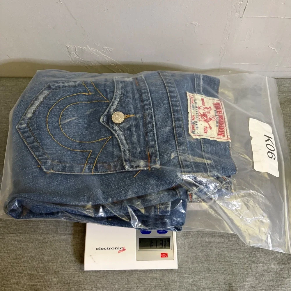 True Religion Jeans Mens 36 Joey Blue Flare Leg Horseshoe Stitch Made in USA